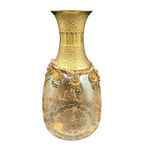 Vintage Handcrafted Brass Floral Etched Neck Ornate Amber Crackle Glass Vase